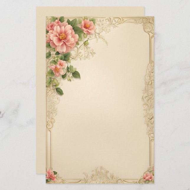 Papelería Elegante floral rosa en fondo marfil (Anverso / Reverso)