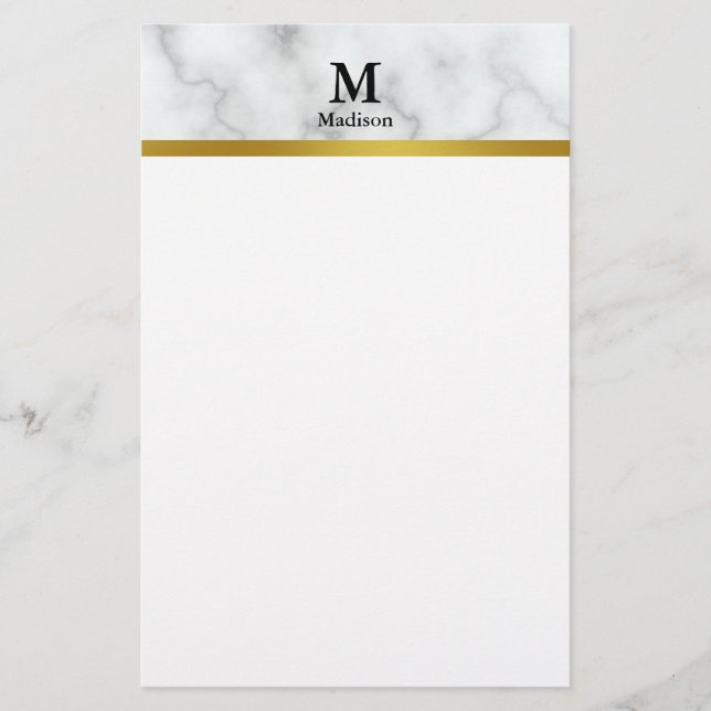 Papelería Elegante mármol blanco falso con nombre y monogram (Anverso)