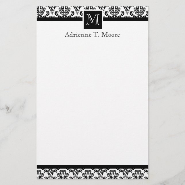 Papelería Elegante Monograma Blanco Negro Primer Stationery (Anverso)