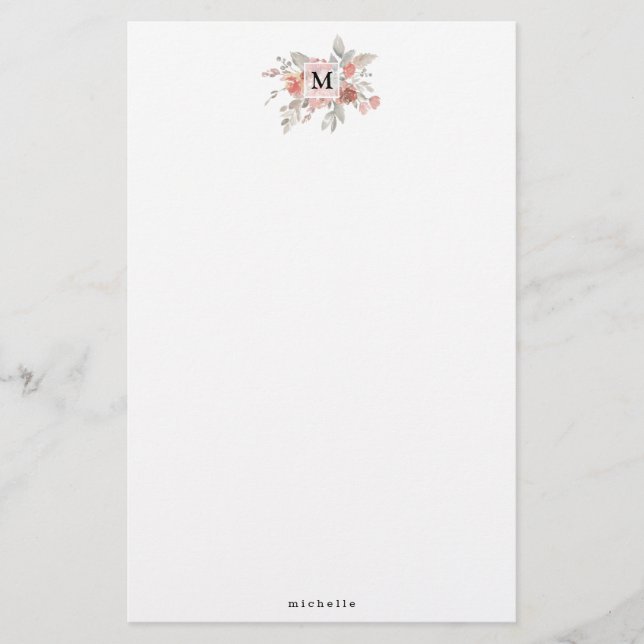 Papelería Elegante Monograma Floral Rosa Rubor (Anverso)