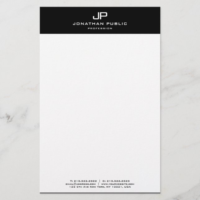 Papelería Elegante Monograma Plantilla inicial en blanco neg (Anverso)