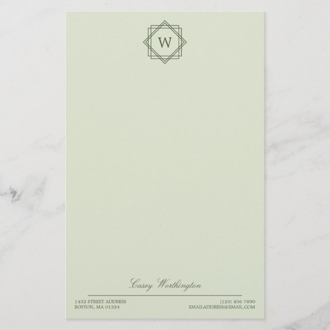 Papelería Elegante Monograma y nombre verde oliva geométrica (Anverso)