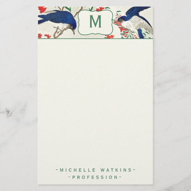 Papelería Elegante pájaro monogramo japonés de madera (Anverso)