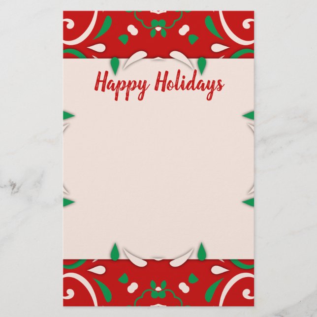 Papelería Elegante Red Green White Xmas Border Felices Fiest (Anverso)