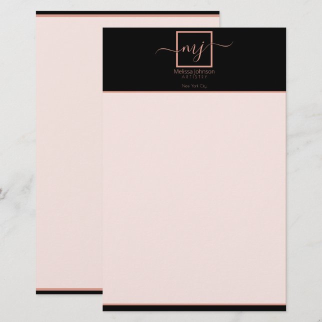 Papelería Elegante Rosa de oro sobre estacionería negra (Anverso / Reverso)