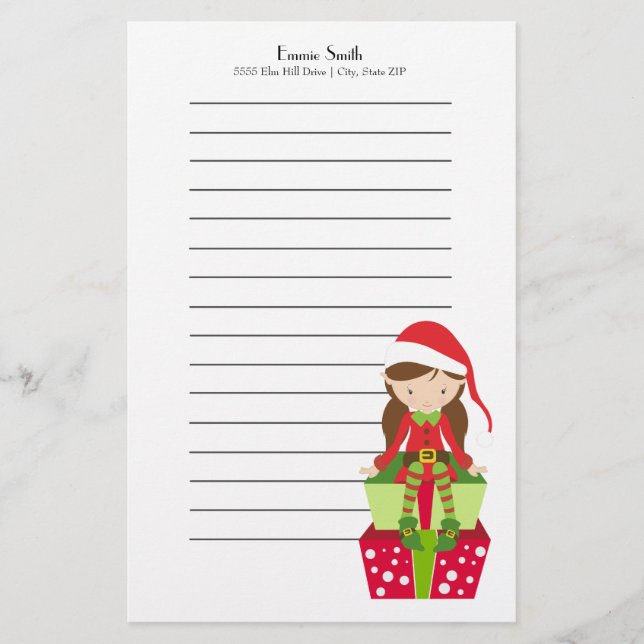 Papelería Elfo de Navidad personalizado con regalos (Anverso)