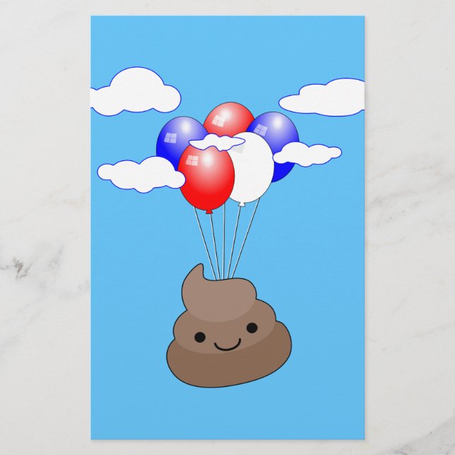 Papelería Emoji Poo Volando Con Globos En Cielo Azul (Anverso)
