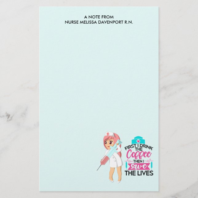 Papelería Enfermera divertida diciendo con gran aguja hipodé (Anverso)