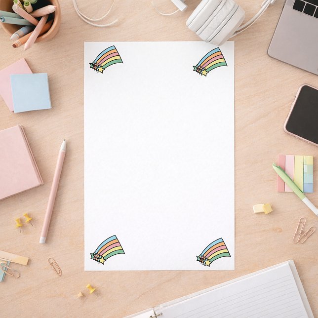 Papelería Estrellas de tiro y estatión arcoiris (Stationary with shooting stars and rainbows in pastel colors.)