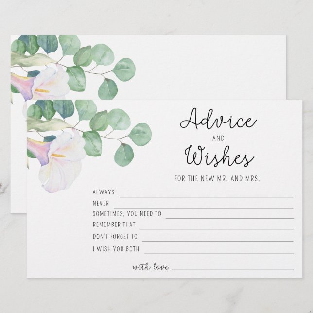 Papelería Eucalyptus/calla - consejo y deseos ducha de novia (Anverso / Reverso)