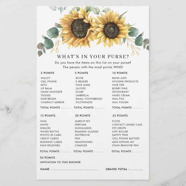 Papelería Eucalyptus Rustic Sunflower Bridal Shower Game (Anverso)