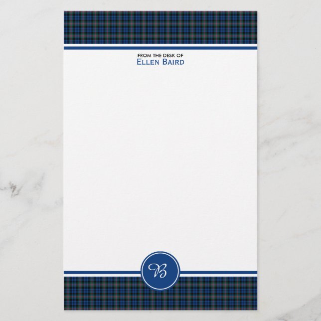 Papelería Familia Baird Tartán Blue and Green Plaid Monogram (Anverso)