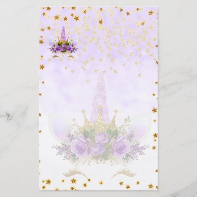Papelería Fantasía morada y estrellas doradas Unicornio (Anverso)