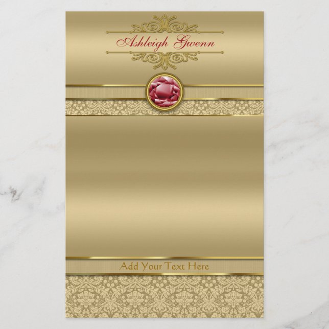 Papelería Faux Dark Ruby Red Gemstone Metallic Gold Damask (Anverso)