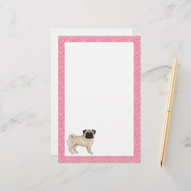 Papelería Fawn Pug Dog Personalizado Mops Pink Love Heart Pa (Anverso/Reverso In Situ)