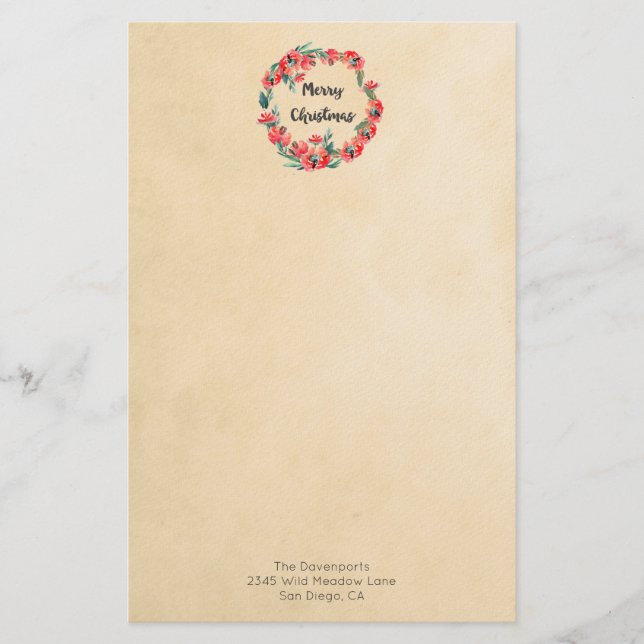 Papelería Feliz Navidad Rojo Floral Agua Wreath (Anverso)