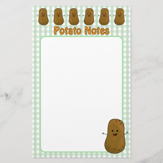 Papelería Feliz Patata Marrón Cuadros de Verde (Anverso)