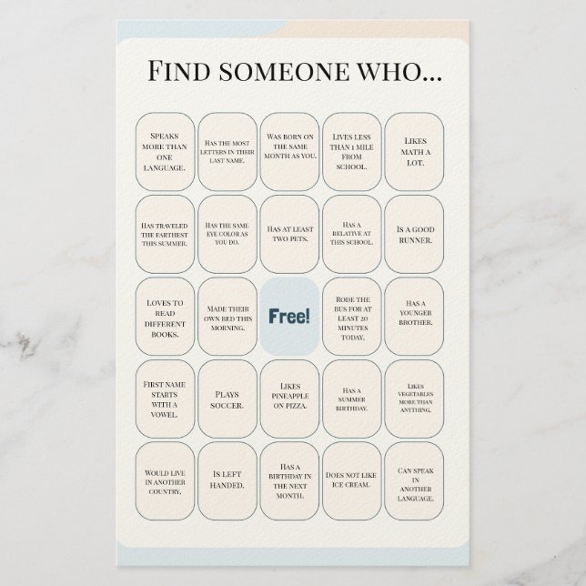 Papelería Find Someone Who Classroom Bingo Activity (Anverso)