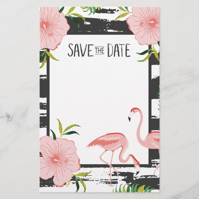 Papelería Flamingo Rosado Tropical Save The Date (Anverso)