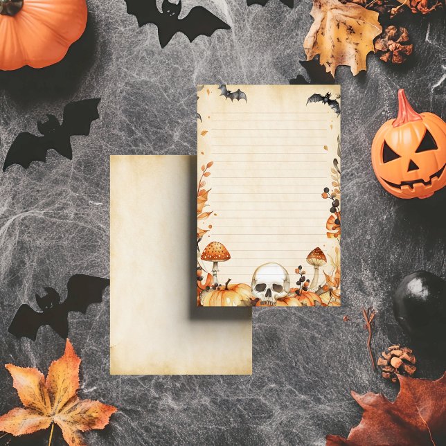 Papelería Flauta de Whimsy y Halloween rústico con hongos fi (Aged parchment adorned with bats, pumpkins, and autumn vines—this stationery carries October’s magic)