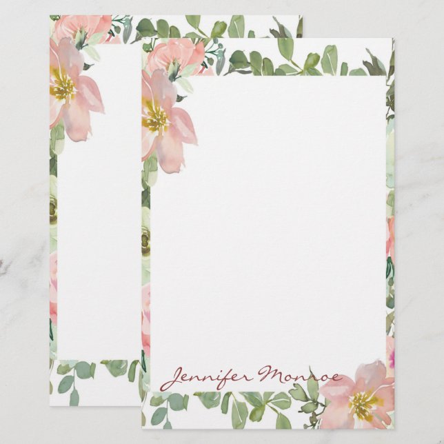 Papelería Flora personalizada con acuarela rosa (Anverso / Reverso)