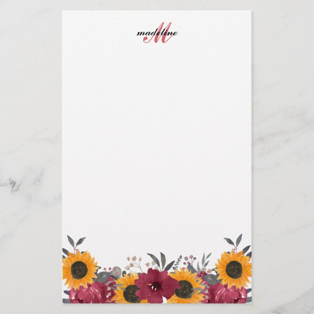 Papelería Floral acuarela girasol Borgoña Monograma Nota (Anverso)