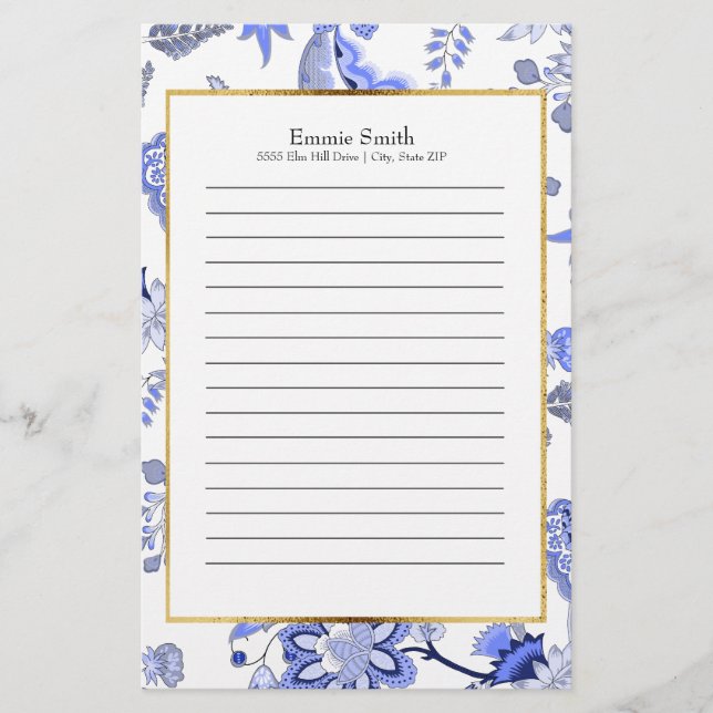 Papelería Floral azul elegante personalizada (Anverso)