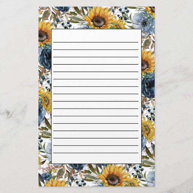 Papelería Floral azul marino girasoles amarillos blanco lino (Anverso)