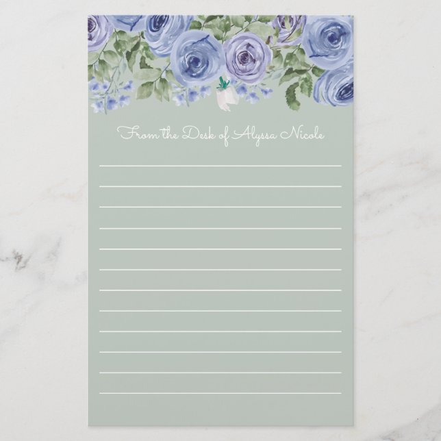 Papelería Floral azul personalizado Sage verde lino blanco (Anverso)