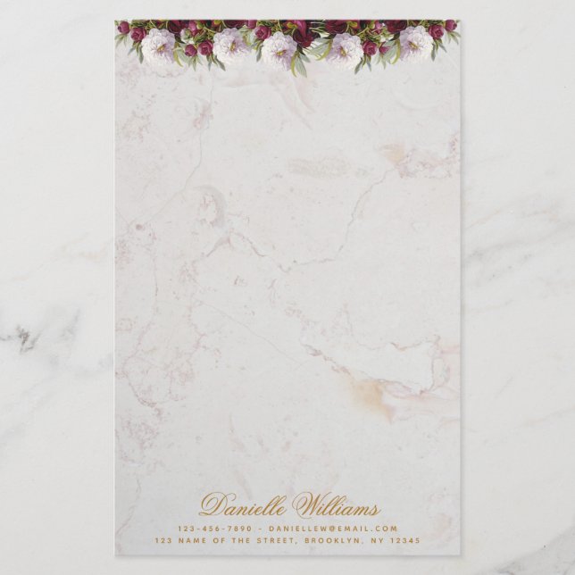 Papelería Floral Borgoña Peonies Marble elegante guión (Anverso)