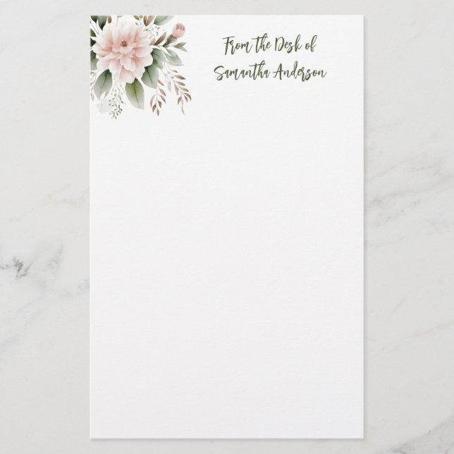 Papelería Floral verde rosa personalizada de la mesa de (Anverso)