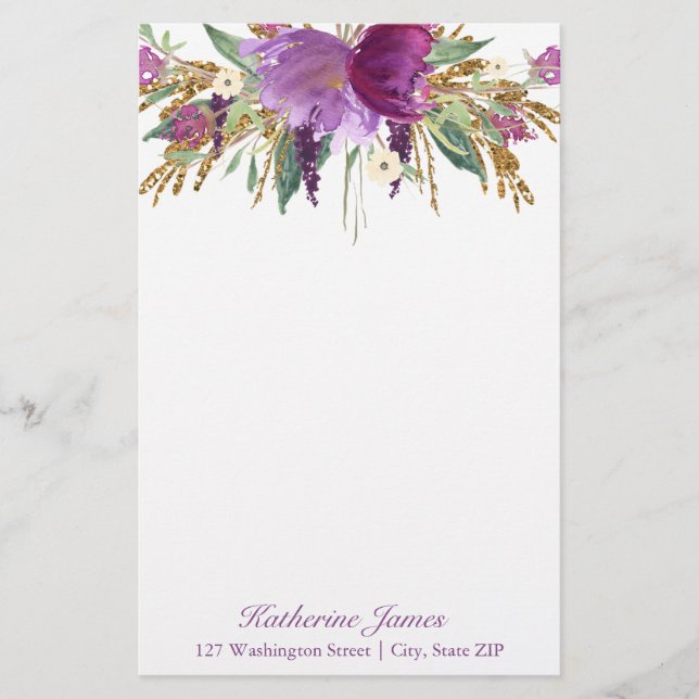 Papelería Flores acuáticas moradas y doradas personalizadas (Anverso)