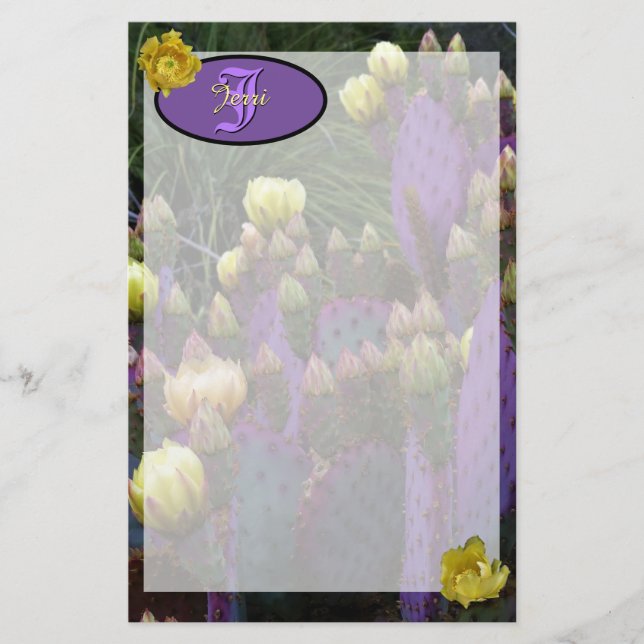Papelería Flores amarillas de cactus púrpura monograma perso (Anverso)