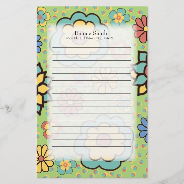 Papelería Flores Coloridas Personalizadas en Verde (Anverso)