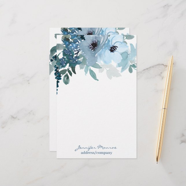 Papelería Flores de acuarela azules personalizadas (Anverso/Reverso In Situ)