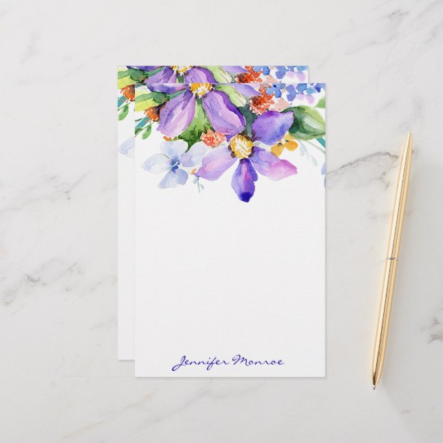 Papelería Flores de acuarela moradas personalizadas (Anverso/Reverso In Situ)