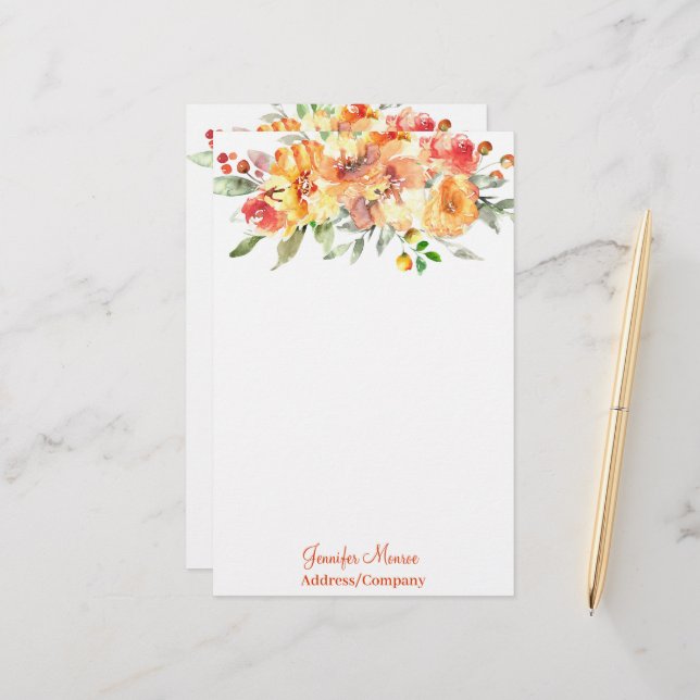 Papelería flores de acuarela naranja personalizadas (Anverso/Reverso In Situ)