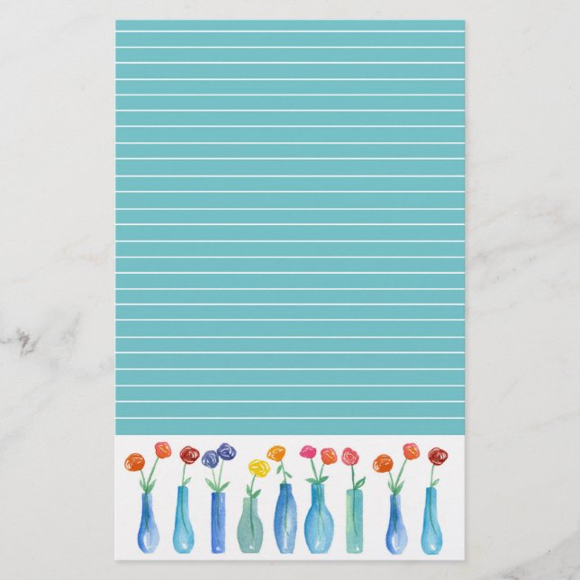 Papelería Flores de acuarela Rosa con lino turquesa (Anverso)