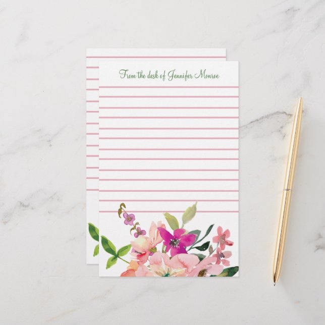 Papelería Flores de acuarela rosadas personalizadas con líne (Anverso/Reverso In Situ)