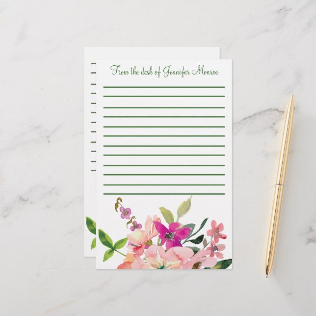 Papelería Flores de acuarela rosadas personalizadas con líne (Anverso/Reverso In Situ)