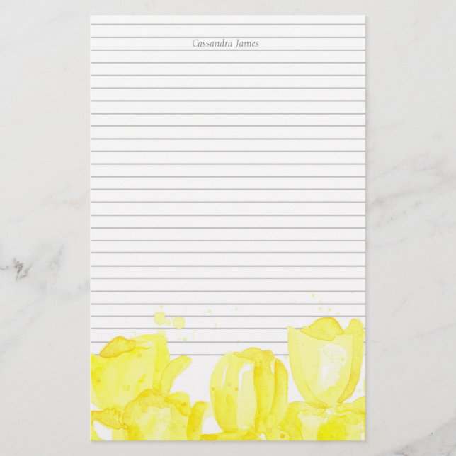 Papelería Flores de tulipanes amarillos con lino gris monogr (Anverso)