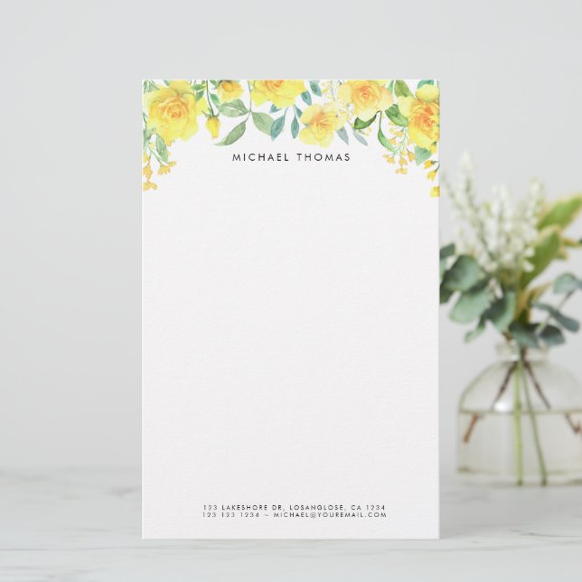 Papelería Flores de verano amarillo acuarela personalizada (Anverso de pie)