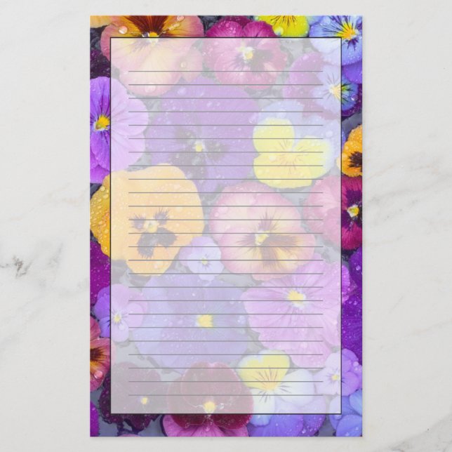 Papelería Flores pansy flotando en un baño de pájaro con roc (Anverso)