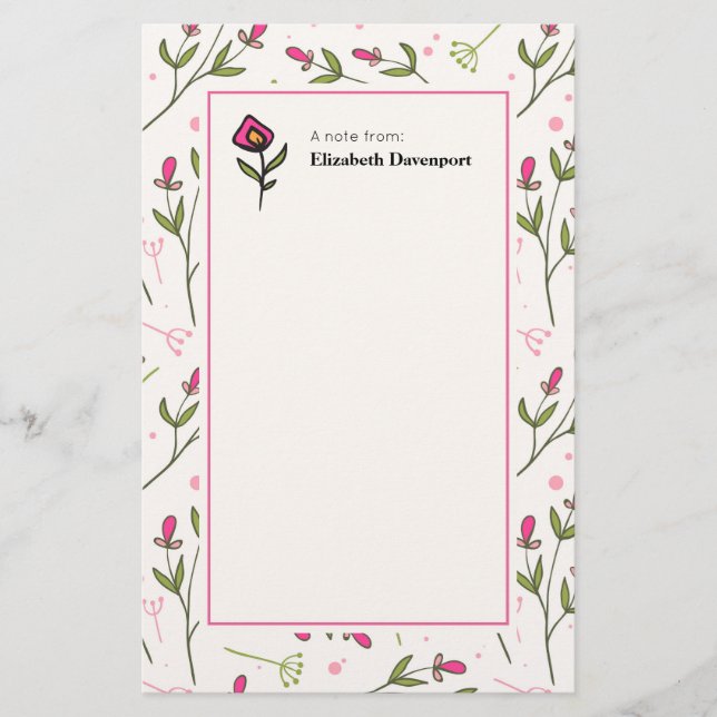 Papelería Flores salvajes de largo estilo rosa y verde (Anverso)
