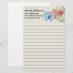 Papelería Flores silvestres y mariposa azul en acuarela eleg