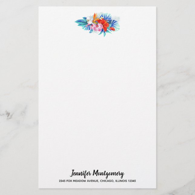 Papelería Flores tropicales exóticas - rosa y acuamarina (Anverso)