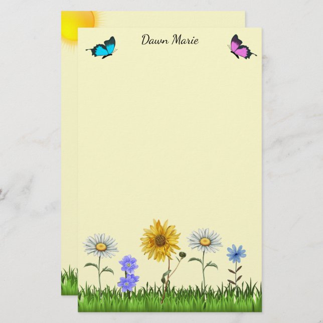 Papelería Flores y mariposas personalizadas de 5,5" x 8,5" (Anverso / Reverso)