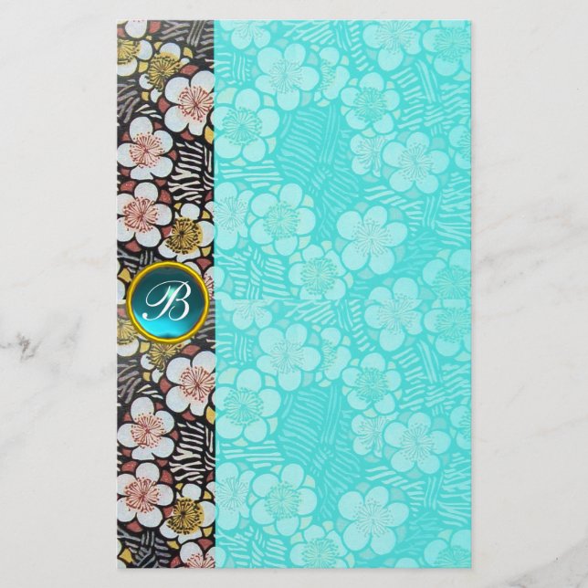 PAPELERÍA FLUJOS DE PRIMAVERA BLANCA NEGRA AZUL GEM MONOGRAM (Anverso)