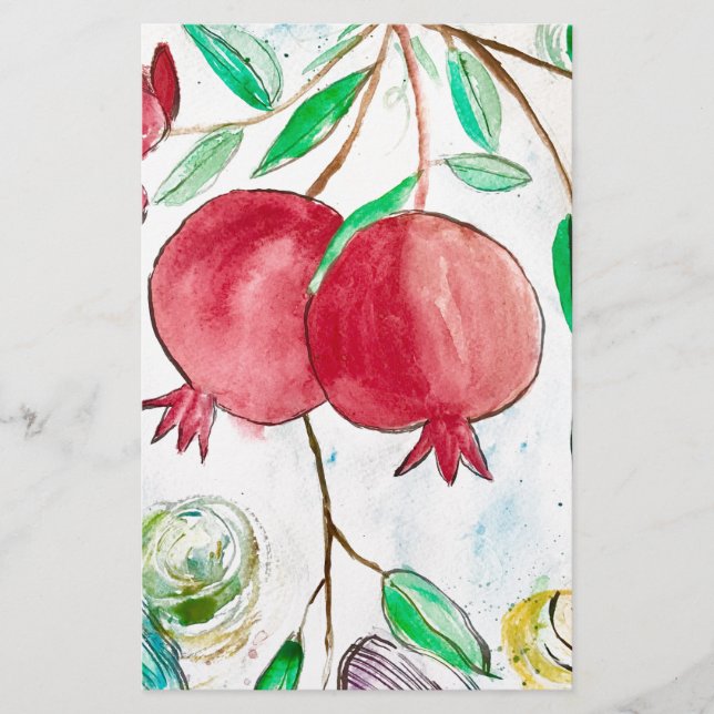 Papelería Fruto granado rojo Naturaleza tropical acuarela (Anverso)