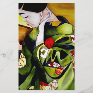 Papelería Geisha con kimono verde oliva